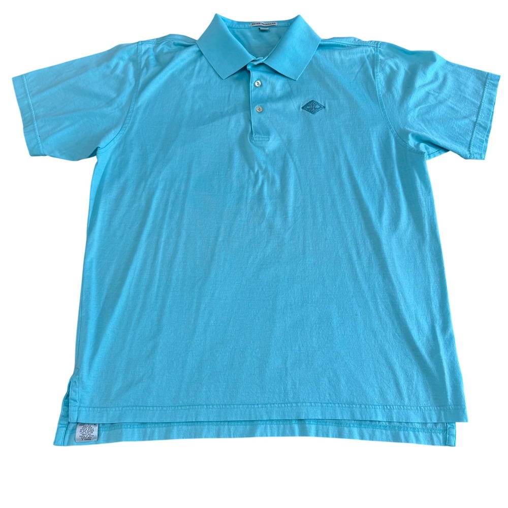 Peter Millar Men's Large Blue Cotton Short Sleeve Polo Golf Shirt Turquoise Logo
